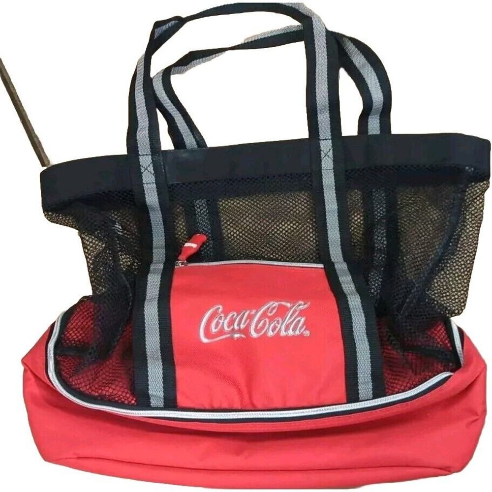 Red Coca Cola Mesh Beach Tote Discrete Zippered Cooler Bottom Large Bag